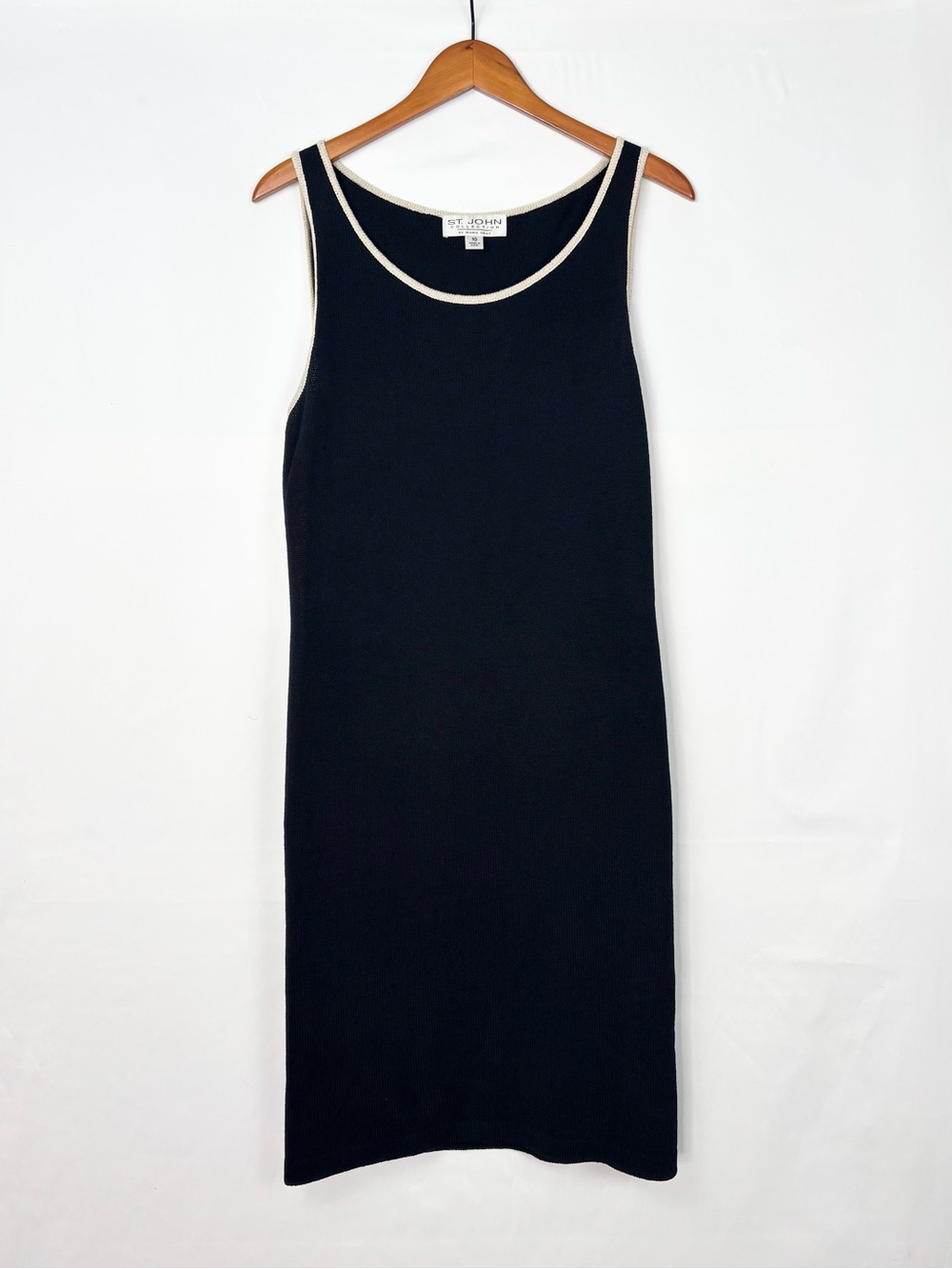 St John Collection Knit Dress Midi Contrast Stripe Size 10 Black Cream Scoop